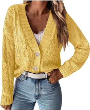 Womens V Neck Cable Knit Cardigan Sweaters Button Down Long Sleeve Bolero Shrugs Soft Casual Cropped Cardigans