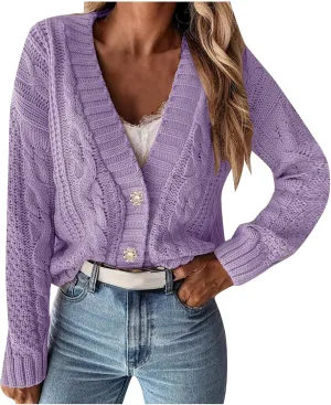 Womens V Neck Cable Knit Cardigan Sweaters Button Down Long Sleeve Bolero Shrugs Soft Casual Cropped Cardigans