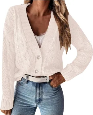 Womens V Neck Cable Knit Cardigan Sweaters Button Down Long Sleeve Bolero Shrugs Soft Casual Cropped Cardigans