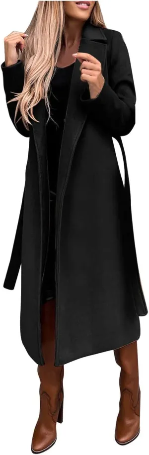 Womens Winter Notch Lapel Belted Trench Coat Classic Windproof Slim Overcoat Open Front Mid Long Wool Blend Outwear