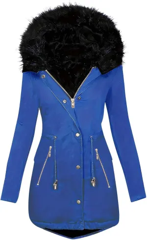 Women's Winter Thicken Down Coats Casual Zipper Long Puffer Jackets Button Military Parka Jackets With Faux Fur Hood