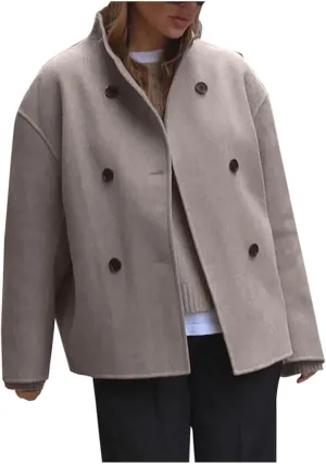 Women's Wool Blend Jacket Oversized Shacket Casual 2024 Spring Fall Bomber Jacket Stand Collar Double Breasted Pea Coat