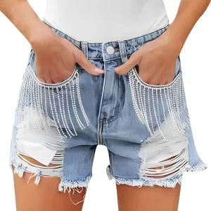 XIAOBU Summer Denim Shorts Womens High Waisted Tight Mini Short Jeans Pocket Zipper Floral Lace Trim Hot Pants,Light Blue_15,L