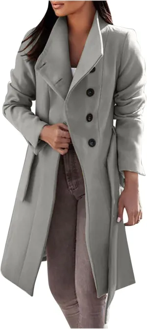 XUNRYAN Trench Coats for Women Long Jackets Casual Button Single-breasted Peacoat Wool-Blend Solid Walking Coat Belted