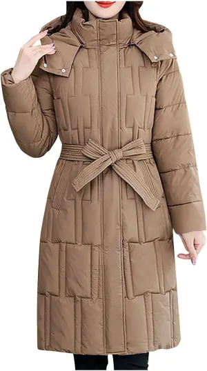 XUNRYAN Winter Coat Women Quilted Puffer Down Jackets Warm Mid Long Thicken Parka Hooded Anorak Overcoat Outwear Belted