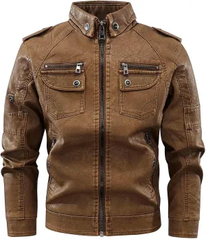 Zeiyignr Cafe Racer Jacket Vintage Motorcycle Biker Leather Riding Jacket Retro Moto Leather Jacket Fleece Lined Winter Coat