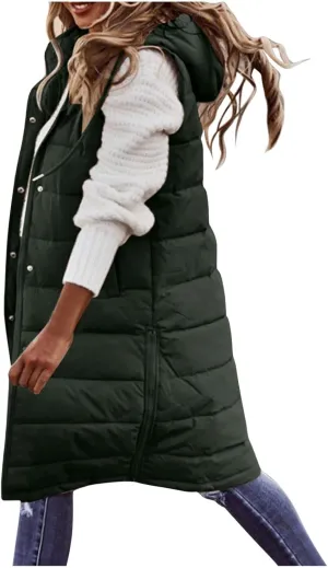 Zipper Puffer Vest For Women Lightweight Long Down Padded Gilet Coat Hooded Sleeveless Outdoor Puffer Jacket Vest
