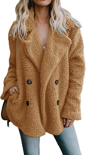 ZWRXW Sherpa Coats for Women Double Breasted Oversized Shacket Jacket Casual Long Sleeve Shearling Shaggy Outwear with Pocket