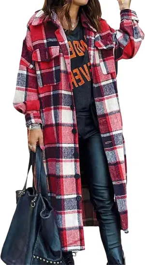 ZWRXW Women's Fall Plaid Shacket Jacket Casual Wool Blend Lapel Trench Coat Button Down Lounge Shirt Outwear with Pockets