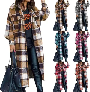 ZWRXW Women's Fall Plaid Shacket Jacket Casual Wool Blend Lapel Trench Coat Button Down Lounge Shirt Outwear with Pockets